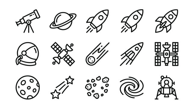 Space Exploration Icons: Rockets, Planets, Astronaut Helmet, Telescope, Satellite, Moon