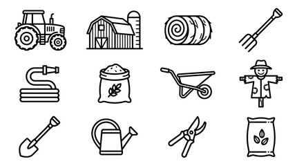 Farm Icons Set: Tractor, Barn, Hay Bale, Pitchfork, Hose, Seed Bag, Wheelbarrow, Scarecrow © Brian