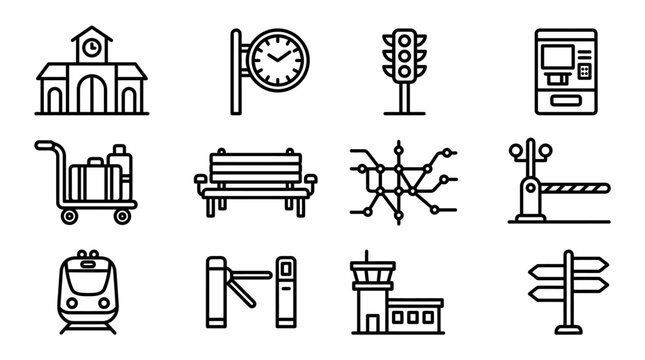 Train Station Icons: Station, Clock, Traffic Light, Ticket Machine, Luggage Cart, Bench, Map, Barrier