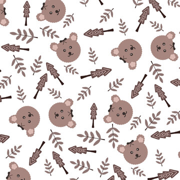 Cute seamless teddy bear pattern with forest trees and leafy branches on black background. Cozy woodland nursery design.