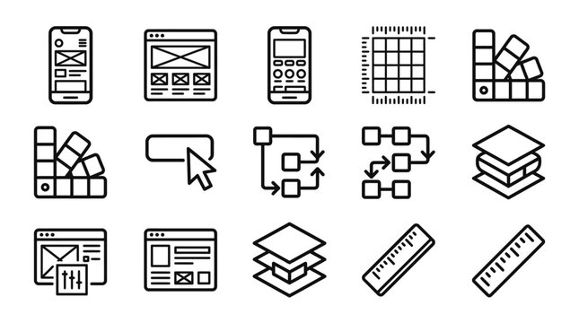 UI UX Design Icons: Wireframing, Prototyping, Color Palette, Layouts, Ruler - Vector Set