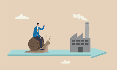 Slow industrial concept, tried businessman riding snail slow walking on arrow to reach target © Parul