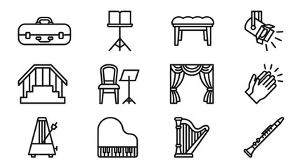 Set of Music Icons: Violin Case, Piano, Harp, Clarinet, Stage, Spotlight, Metronome © Brian