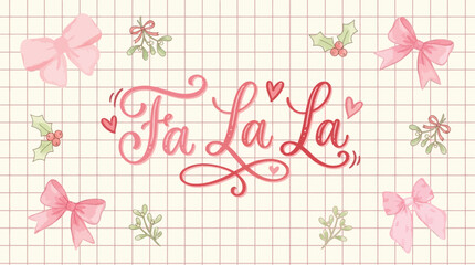 Fototapeta premium Festive Fa La La Christmas Typography Poster with Hand Lettered Script Carol Quote on Modern Pink Grid Pattern Background for Holiday Greeting Card or Seasonal Wall Art Print Design