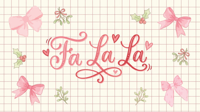 Festive Fa La La Christmas Typography Poster with Hand Lettered Script Carol Quote on Modern Pink Grid Pattern Background for Holiday Greeting Card or Seasonal Wall Art Print Design