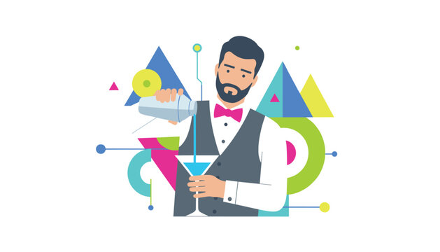 Professional male bartender wearing a bow tie pouring a blue cocktail from a metal shaker into a martini glass.