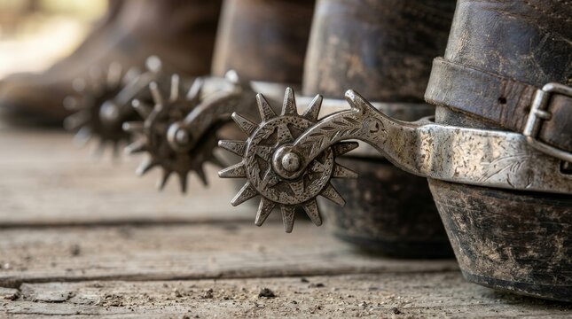 Spiked metal spur rests beside a dusty leather boot on a wooden floor.