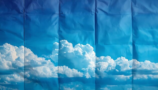A section of fabric printed with a sky scene, bright blue tones and fluffy white clouds resembling daytime sky, vertical folds and creases visible
