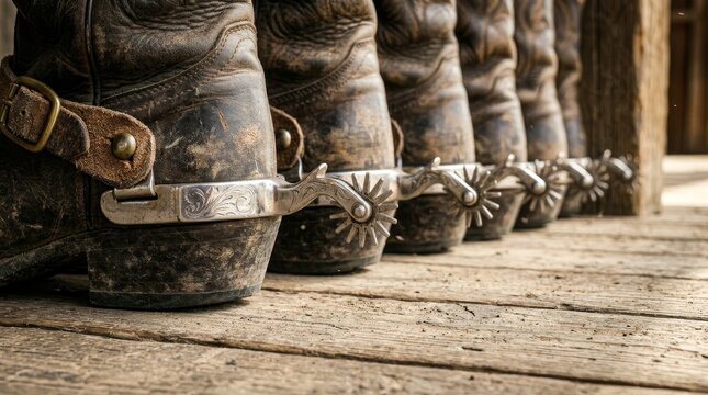 A row of dusty leather boots with spurs on a wooden floor.
