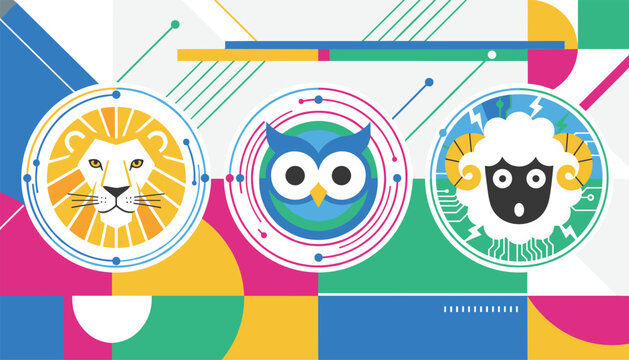 Abstract vector graphics showing a lion, owl, and sheep depicted inside circular electronic circuit designs.