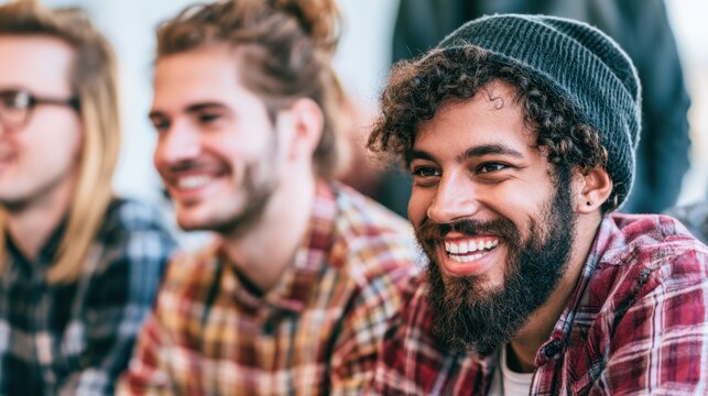 Diverse group of young adults in casual clothes smiling and enjoying a friendly moment in a relaxed social setting with natural light and warm atmosphere