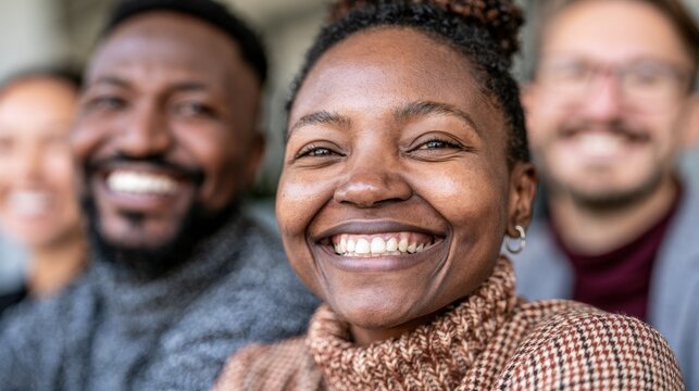 Close-up of cheerful young woman smiling confidently with diverse happy people in soft focus background in casual indoor setting