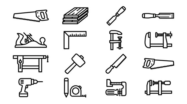 Woodworking Tools Icon Set: Saw, Plane, Hammer, Drill, Clamps, Workbench, Chisel