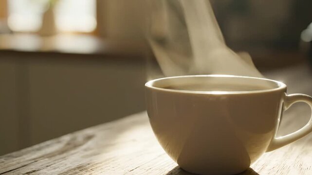 A steaming white ceramic cup sits on a rustic wooden table