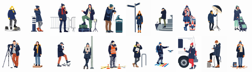 Collection of flat illustrations showing diverse news reporters and journalists in winter clothing reporting from various outdoor locations with professional equipment. © Joko