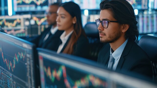 Focused young businessman analyzing financial charts on multiple computer screens in modern office with colleagues in background during stock market trading session