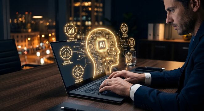 Businessman Working on Laptop with Glowing AI and Big Data Analytics Hologram Interface in Corporate Office at Night