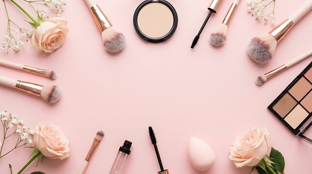 Professional makeup brushes and cosmetic products arranged on a soft pink background. beginner makeup guide