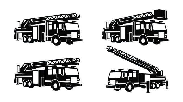 Set of black and white fire truck icons with ladders in different positions for emergency design