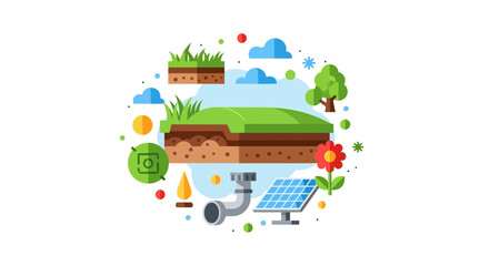 Naklejka premium Sustainable Ecology and Renewable Energy Concept Illustration with Solar Panel, Soil Layers, and Green Infrastructure for Environmental Conservation and Eco-Friendly Technology