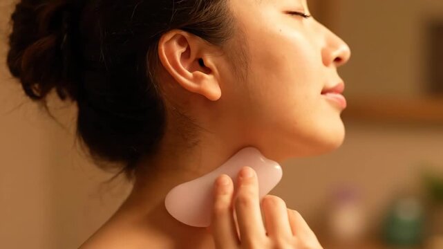 Young woman practicing self-care with a gua sha massage tool
