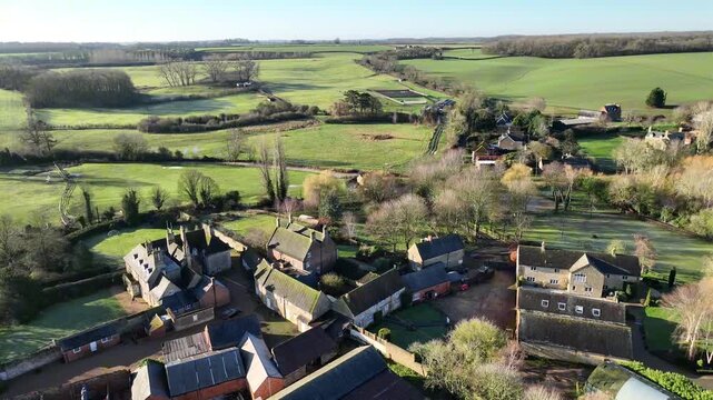 Aerial Orbit View of Sudborough Village and Rolling English Countryside Northamptonshire