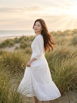 해변 초원에서 흰 원피스를 입은 여성 / Woman in White Dress in a Seaside Meadow