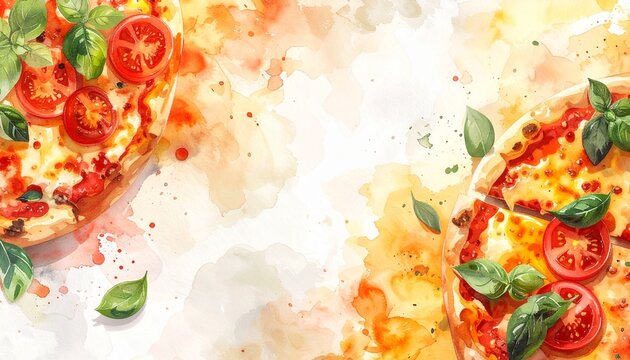 Watercolor Pizza Background with Fresh Basil and Tomatoes, Italian Food Illustration