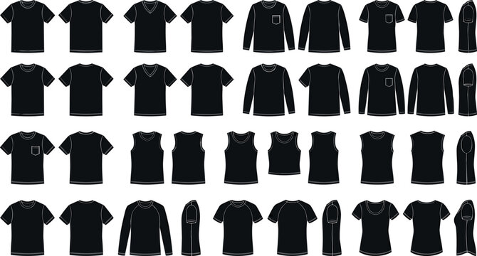 Blank black t shirt mockup vector set featuring pocket tees raglan shirts long sleeve tank tops apparel clothing technical fashion sketch