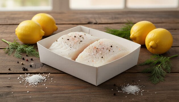 Fresh white fish fillets on rustic wooden table