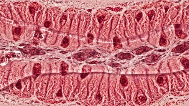 Mucus layer flowing over stomach lining showing epithelial cell and connective tissue histology with microscopic detailed tissue structure pink