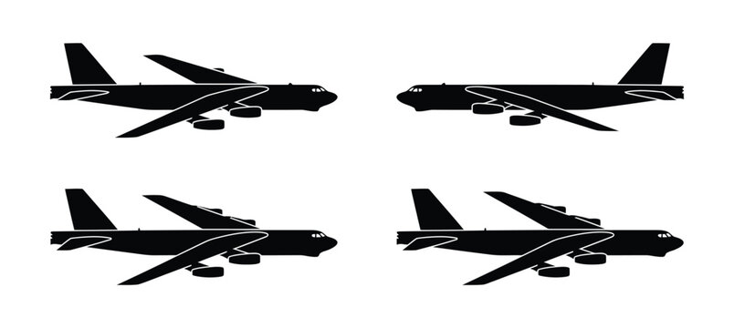 Black silhouette icons of b-52 strategic bomber airplanes in different flying positions
