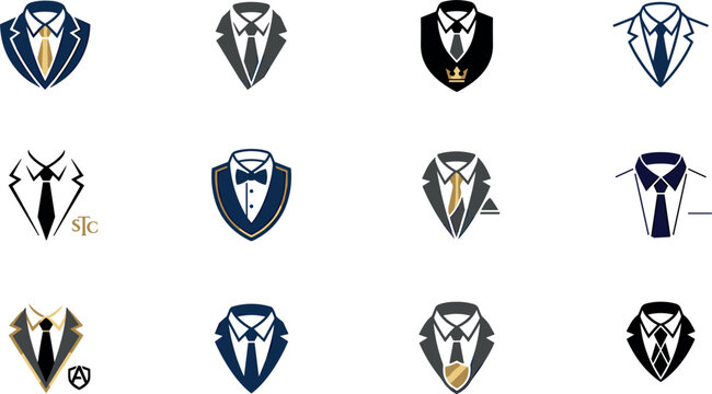Elegant suit and tuxedo logo icon set featuring male fashion blazer tie bowtie shield crest elements for corporate branding vector