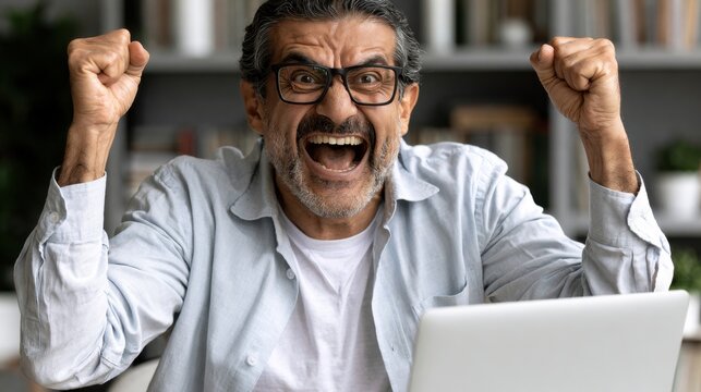 Middle aged man with glasses celebrating success and excitement while sitting at desk with laptop in cozy home office environment expressing joy and achievement