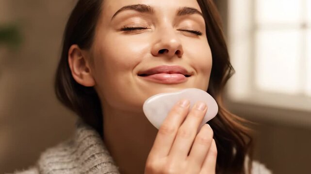 Serene woman enjoying a relaxing gua sha facial massage for glowing skin