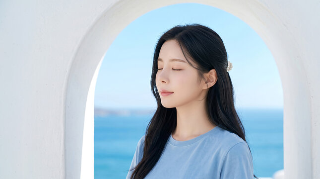 둥근 창가에 기대어 눈감은 여성 / Woman Closing Her Eyes by a Round Window