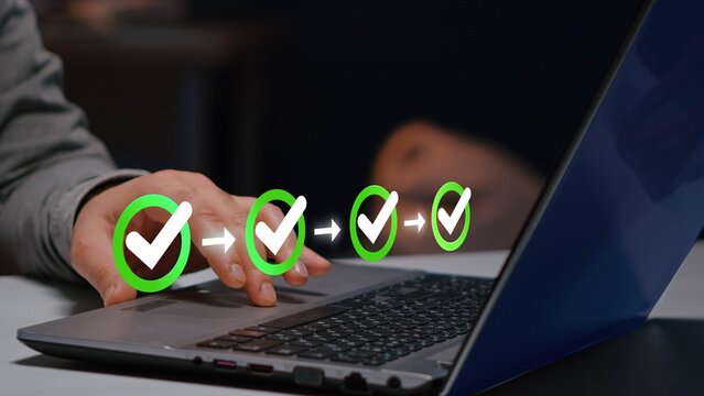 Business checklist workflow project task management concept. Project tracking, certification, compliance verification.
