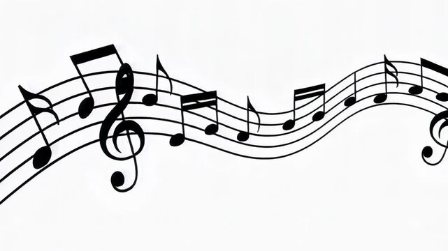 Black musical notes and treble clef on a flowing staff with white background for music concept