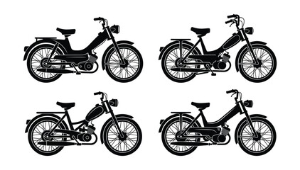 Fototapeta premium Set of four vintage moped motorcycle silhouettes isolated for graphic design projects