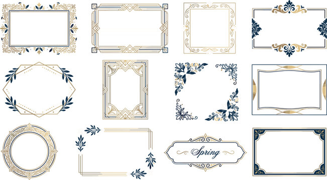 Elegant luxury vintage border frames set with geometric gold lines art deco ornaments floral patterns wedding invitation certificate design vector