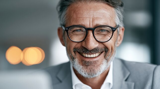 Smiling mature man with gray hair and beard wearing glasses and light gray suit in close-up portrait with shallow depth of field background