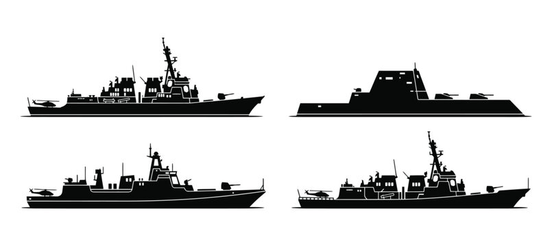 Black silhouette set of modern military warships and naval destroyers on a flat line