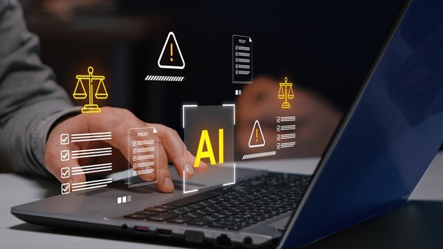 Artificial intelligence and law concept. AI regulation, policy, ethics, and legal risk. 