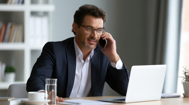 Confident mature businessman in formal suit and eyeglasses talking on mobile phone while working on laptop at modern office desk with documents and glass of water