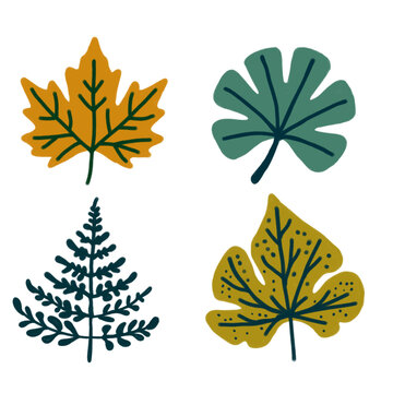 Four colorful leaves are arranged on a white background illustration