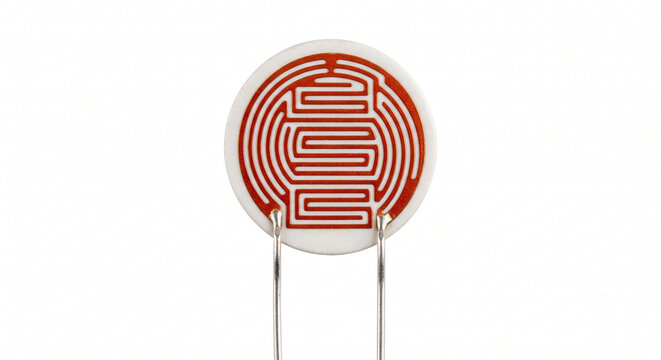 Macro of a bare photoresistor LDR cell showing the serpentine cadmium sulfide track on a ceramic base. Isolated on white background.