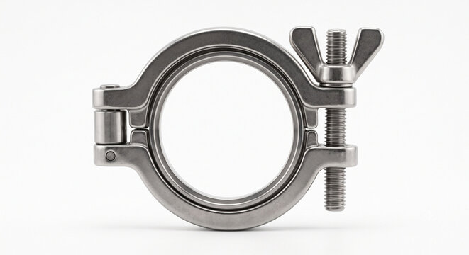 Macro of a stainless steel Tri-Clamp sanitary fitting with hinged lock and wingnut. Brewery and food grade hardware isolated on white.