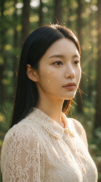 초록 숲속의 차분한 여성 클로즈업 / Calm Woman Close-Up in a Green Forest