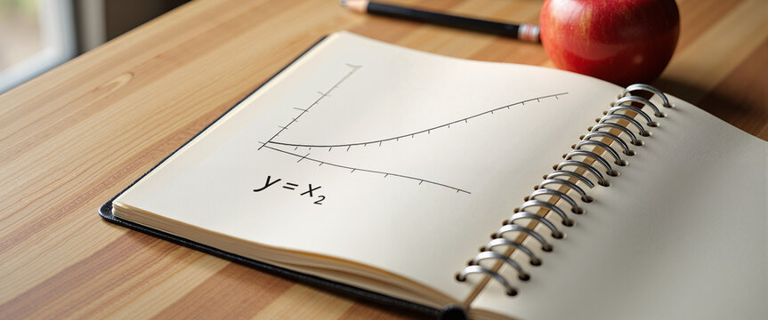 Open notebook hand-drawn parabola and apple for education blogs and math