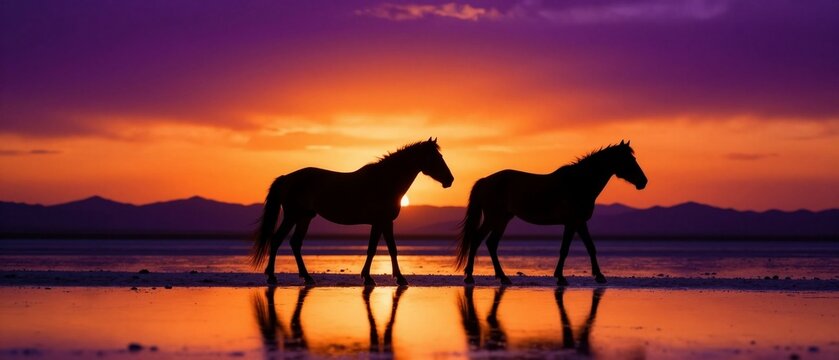 Silhouette of two majestic horses walking across a reflective salt flat at sunset